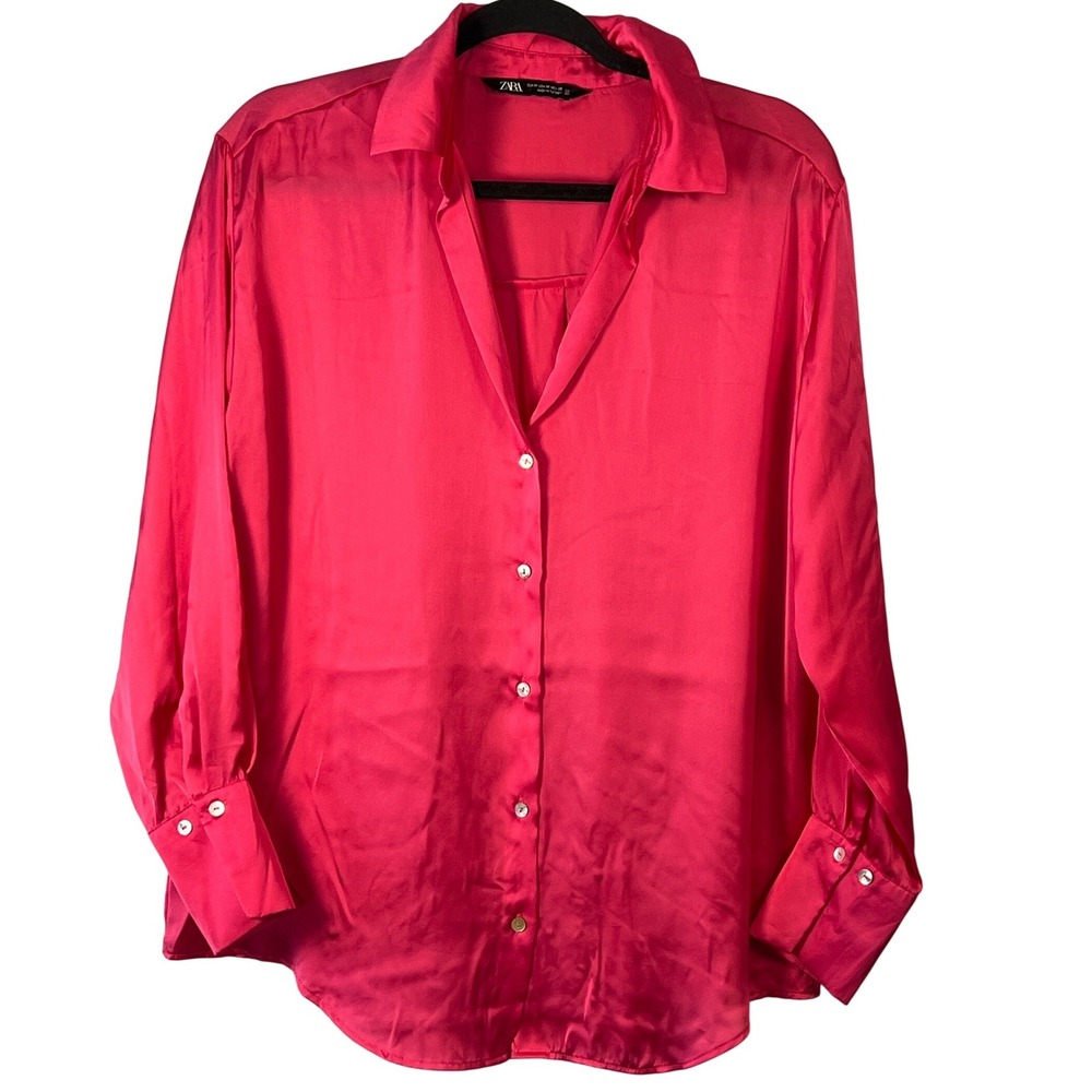 Zara Women's Pink Shabby Chic Button Up Blouse Bold Feminine Holiday Sleek Top M